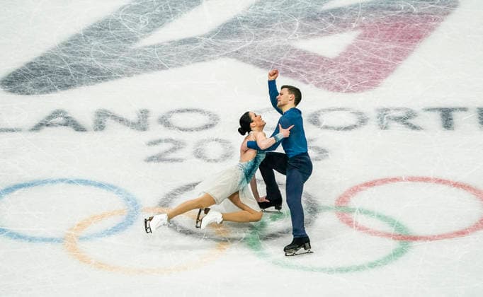 Charlene Guignard and Marco Fabbri of Italy compete during the Ice Dance - Free Dance competition at the Milano Ice Skating Arena in Milan, Italy, on Wednesday, February 11, 2026.  OLY20260211425 RICHARDxELLIS