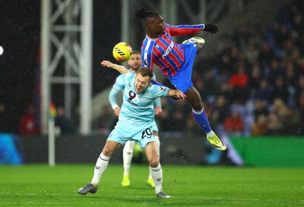 London, England, 11th February 2026. James Ward-Prowse of Burnley and Chrisantus Uche of Crystal Palace challenge for the ball during the Crystal Palace vs Burnley Premier League match at Selhurst Park, London. Picture credit should read: Paul Terry Sportimage EDITORIAL USE ONLY. No use with unauthorised audio, video, data, fixture lists, club league logos or live services. Online in-match use limited to 120 images, no video emulation. No use in betting, games or single club league player publications. SPI_039_PT_Crystal_Palace_Burnley SPI-4518-0040