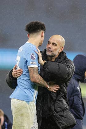 11th February 2026; Etihad Stadium, Manchester, Lancashire, England; Premier League Football, Manchester City versus Fulham; Manchester City manager Pep Guardiola congratulates Nico O Reilly of Manchester City after their 3-0 win  RogerxEvans Content restricted for UK based newspaper