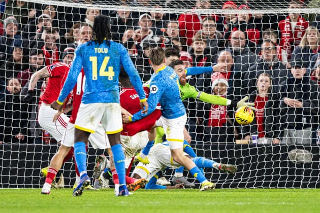11th February 2026; The City Ground, Nottingham, England; Premier League Football, Nottingham Forest versus Wolverhampton Wanderers; Jose Sa of Wolverhampton Wanderers makes a save at close range  GodfreyxPitt Content restricted for UK based newspaper