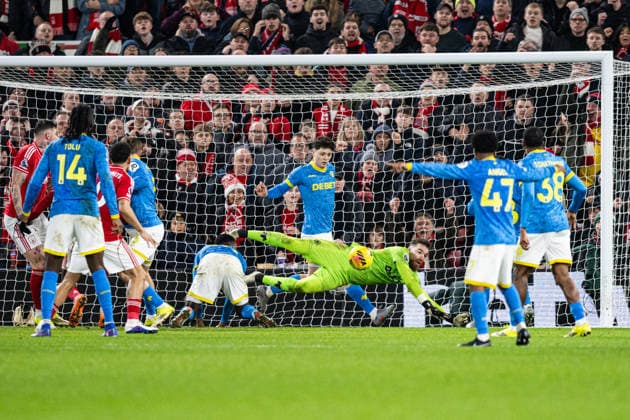 11th February 2026; The City Ground, Nottingham, England; Premier League Football, Nottingham Forest versus Wolverhampton Wanderers; Jose Sa of Wolverhampton Wanderers makes a save at close range  GodfreyxPitt Content restricted for UK based newspaper