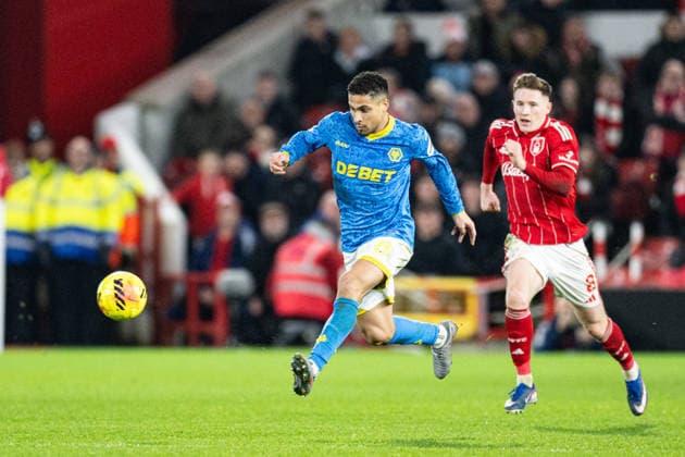 11th February 2026; The City Ground, Nottingham, England; Premier League Football, Nottingham Forest versus Wolverhampton Wanderers; Joao Gomes of Wolverhampton Wanderers runs with the ball past Elliot Anderson of Nottingham Forest  GodfreyxPitt Content restricted for UK based newspaper