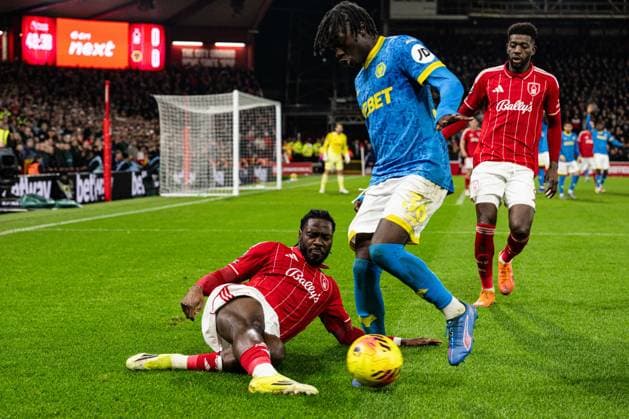 11th February 2026; The City Ground, Nottingham, England; Premier League Football, Nottingham Forest versus Wolverhampton Wanderers; Ibrahim Sangare of Nottingham Forest makes a sliding tackle on Mateus Mane of Wolverhampton Wanderers  GodfreyxPitt Content restricted for UK based newspaper