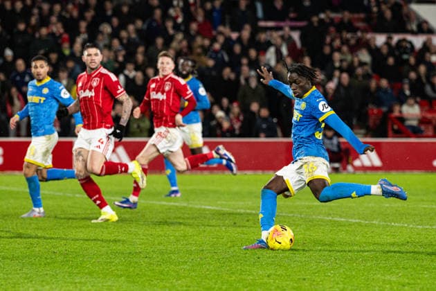 11th February 2026; The City Ground, Nottingham, England; Premier League Football, Nottingham Forest versus Wolverhampton Wanderers; Mateus Mane of Wolverhampton Wanderers shoots at goal  GodfreyxPitt Content restricted for UK based newspaper