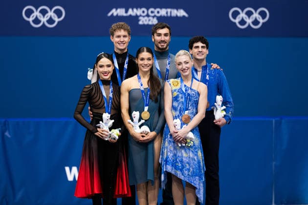 260211 Madison Chock and Evan Bates of United States, Laurence Fournier Beaudry and Guillaume Cizeron of France and Piper Gilles and Paul Poirier of Canada celebrate with their medals after competing in the Figure skating, Eiskunstlauf ice dance - free dance program during day 5 of the 2026 Winter Olympics on February 11, 2026 in Milan. Photo: Emma Wallskog BILDBYRAN kod EW EW0627 konstakning figure skating kunstlop Olympic Games, Olympische Spiele, Olympia, OS olympics winter olympics os ol olympiska spel vinter-os olympiske leker milano cortina 2026 milan cortina 2026 milano cortina 2026 olympic games milano cortina 2026 winter olympic games milano cortina-os milano cortina-ol vinter-ol 5 bbeng isdans ice dance *** 260211 Madison Chock and Evan Bates of United States, Laurence Fournier Beaudry and Guillaume Cizeron of France and Piper Gilles and Paul Poirier of Canada celebrate with their medals after competing in the figure skating ice dance free dance program during day 5 of the 2026 Winter Olympics on February 11, 2026 in Milan Photo Emma Wallskog BILDBYRAN kod EW EW0627 konstakning figure skating kunstlop olympic games olympics winter olympics os ol olympiska spel vinter os olympiske leker milano cortina 2026 milan cortina 2026 milano cortina 2026 olympic games milano cortina 2026 winter olympic games milano cortina os milano cortina ol vinter ol 5 bbeng isdans ice dance  Copyright: EMMAxWALLSKOG BB260211EW085