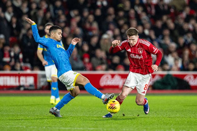 11th February 2026; The City Ground, Nottingham, England; Premier League Football, Nottingham Forest versus Wolverhampton Wanderers; Elliot Anderson of Nottingham Forest is tackled by Joao Gomes of Wolverhampton Wanderers  GodfreyxPitt Content restricted for UK based newspaper