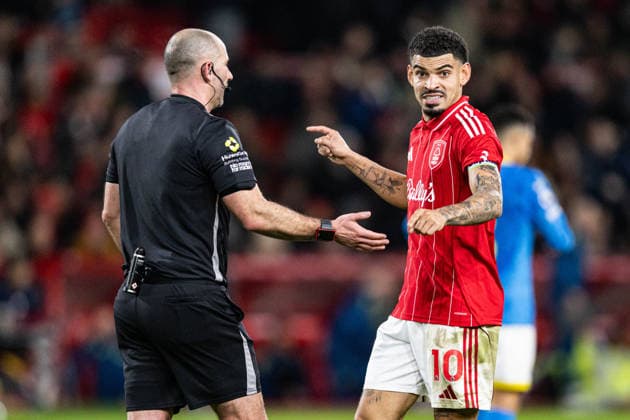 11th February 2026; The City Ground, Nottingham, England; Premier League Football, Nottingham Forest versus Wolverhampton Wanderers; Morgan Gibbs-White of Nottingham Forest makes a point to referee Tim Robinson  GodfreyxPitt Content restricted for UK based newspaper