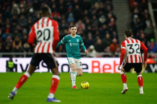 Sunderland v Liverpool, Premier League Andrew Robertson of Liverpool looks to make a pass during the Premier League match between Sunderland and Liverpool at the Stadium Of Light, Sunderland, UK on 11 February 2026. Sunderland Stadium Of Light Tyne and Wear UK Editorial use only DataCo restrictions apply See www.football-dataco.com , Copyright: xCraigxCowanx PSI-23731-0067