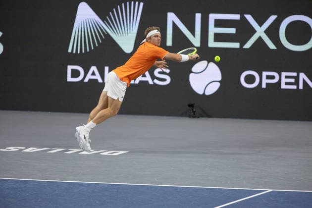 February 11, 2026, Frisco, Texas, USA: ALEJANDRO DAVIDOVICH FOKINA (ESP) dives for the ball during a menÃ¢â‚¬â ¢s singles match at 2026 Nexo Dallas Open at The Ford Center at The Star in Frisco, Texas.Alejandro Davidovich Fokina defeated Alex Michelson 6:4, 6:4. Frisco USA - ZUMAh193 20260211_zsp_h193_087 Copyright: xDanielxMcGregor-Huyerx