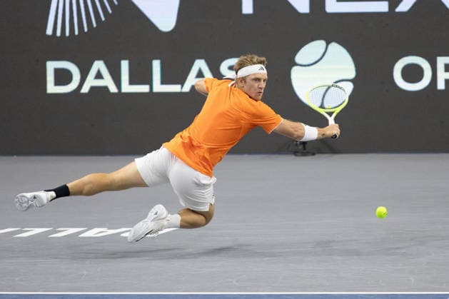 February 11, 2026, Frisco, Texas, USA: ALEJANDRO DAVIDOVICH FOKINA (ESP) dives for the ball during a menÃ¢â‚¬â ¢s singles match at 2026 Nexo Dallas Open at The Ford Center at The Star in Frisco, Texas.Alejandro Davidovich Fokina defeated Alex Michelson 6:4, 6:4. Frisco USA - ZUMAh193 20260211_zsp_h193_094 Copyright: xDanielxMcGregor-Huyerx