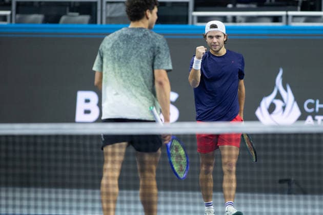 February 11, 2026, Frisco, Texas, USA: ALEKSANDR KOVACEVIC (USA) reacts during a menÃ¢â‚¬â ¢s doubles match at 2026 Nexo Dallas Open at The Ford Center at The Star in Frisco, Texas. Sadio Doumbia and Fabien Reboul defeated Aleksandr Kovacevic and Ben Shelton, 3:6, 6:3, 11:9. Frisco USA - ZUMAh193 20260211_zsp_h193_109 Copyright: xDanielxMcGregor-Huyerx