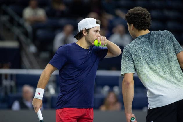February 11, 2026, Frisco, Texas, USA: BEN SHELTON (USA) and ALEKSANR KOVACEVIC (USA) interact during a menÃ¢â‚¬â ¢s doubles match at 2026 Nexo Dallas Open at The Ford Center at The Star in Frisco, Texas. Sadio Doumbia and Fabien Reboul defeated Aleksandr Kovacevic and Ben Shelton, 3:6, 6:3, 11:9. Frisco USA - ZUMAh193 20260211_zsp_h193_113 Copyright: xDanielxMcGregor-Huyerx