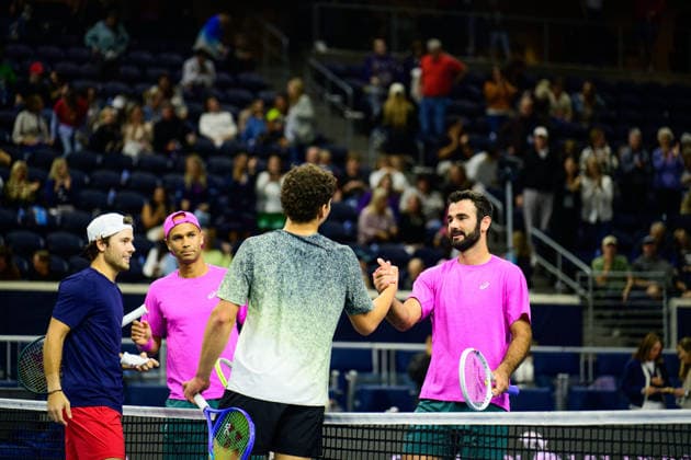 February 11, 2026, Frisco, Texas, USA: FABIEN REBOUL meets BEN SHELTON at the end of their doubles match at the Dallas Open doubles quarterfinals. Sadio Doumbia & Fabien Reboul defeated Ben Shelton & Aleksandar Kovacevic in 3 sets. 3:6, 6:3 and 11:9. Frisco USA - ZUMAm348 20260211_znp_m348_003 Copyright: xLuisxRevillaxMatax
