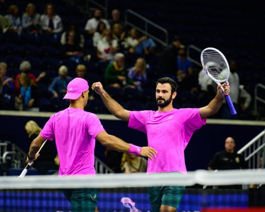 February 11, 2026, Frisco, Texas, USA: SADIO DOUMBIA(left)celebrates winning the match with doubles partner FABIEN REBOUL(right) at the end of their doubles match against Ben Shelton & Aleksandar Kovacevic at the Dallas Open doubles quarterfinals. Sadio Doumbia & Fabien Reboul defeated Ben Shelton & Aleksandar Kovacevic in 3 sets. 3:6, 6:3 and 11:9. Frisco USA - ZUMAm348 20260211_znp_m348_018 Copyright: xLuisxRevillaxMatax