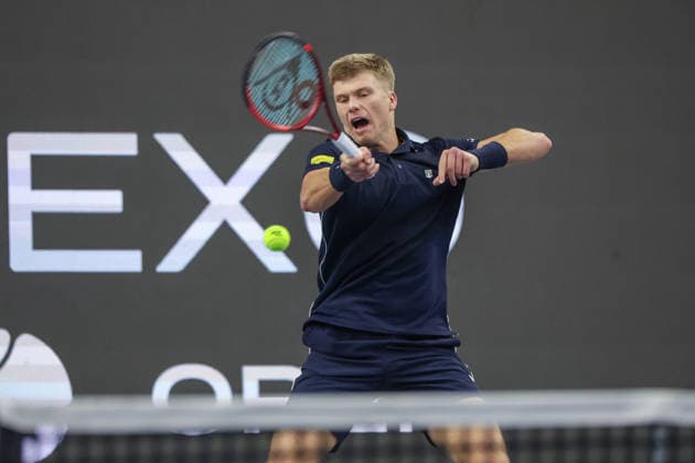 FRISCO, TX - FEBRUARY 11: Jenson Brooksby (USA) hits a forehand during the Nexo Dallas Open on February 11, 2026 at Ford Center at The Star in Frisco, TX. (Photo by George Walker Icon Sportswire) TENNIS: FEB 11 Dallas Open EDITORIAL USE ONLY Icon26021137