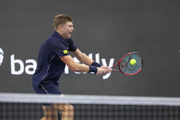 FRISCO, TX - FEBRUARY 11: Jenson Brooksby (USA) hits a backhand during the Nexo Dallas Open on February 11, 2026 at Ford Center at The Star in Frisco, TX. (Photo by George Walker Icon Sportswire) TENNIS: FEB 11 Dallas Open EDITORIAL USE ONLY Icon26021138