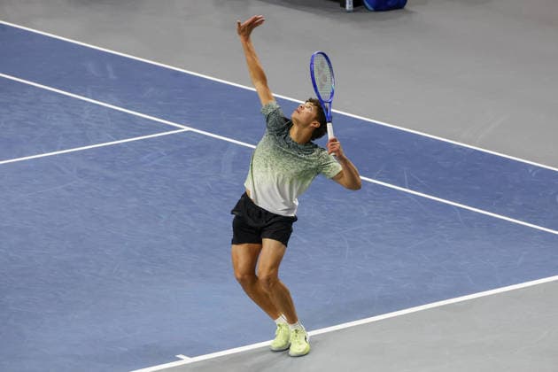 FRISCO, TX - FEBRUARY 11: Ben Shelton (USA) serves during the Nexo Dallas Open on February 11, 2026 at Ford Center at The Star in Frisco, TX. (Photo by George Walker Icon Sportswire) TENNIS: FEB 11 Dallas Open EDITORIAL USE ONLY Icon26021145