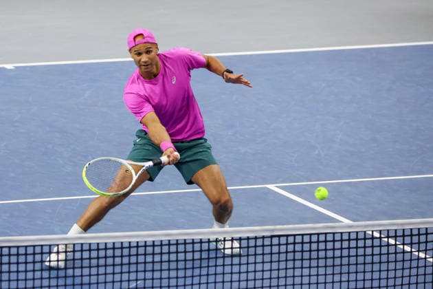 FRISCO, TX - FEBRUARY 11: Sadio Doumbia (FRA) hits a volley during the Nexo Dallas Open on February 11, 2026 at Ford Center at The Star in Frisco, TX. (Photo by George Walker Icon Sportswire) TENNIS: FEB 11 Dallas Open EDITORIAL USE ONLY Icon26021147