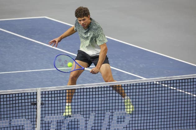 FRISCO, TX - FEBRUARY 11: Ben Shelton (USA) hits a volley during the Nexo Dallas Open on February 11, 2026 at Ford Center at The Star in Frisco, TX. (Photo by George Walker Icon Sportswire) TENNIS: FEB 11 Dallas Open EDITORIAL USE ONLY Icon26021150