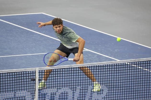 FRISCO, TX - FEBRUARY 11: Ben Shelton (USA) hits a volley during the Nexo Dallas Open on February 11, 2026 at Ford Center at The Star in Frisco, TX. (Photo by George Walker Icon Sportswire) TENNIS: FEB 11 Dallas Open EDITORIAL USE ONLY Icon26021152