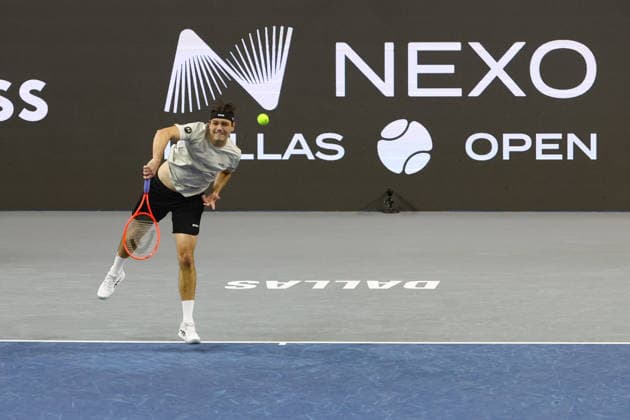 FRISCO, TX - FEBRUARY 11: Taylor Fritz (USA) serves during the Nexo Dallas Open on February 11, 2026 at Ford Center at The Star in Frisco, TX. (Photo by George Walker Icon Sportswire) TENNIS: FEB 11 Dallas Open EDITORIAL USE ONLY Icon26021160
