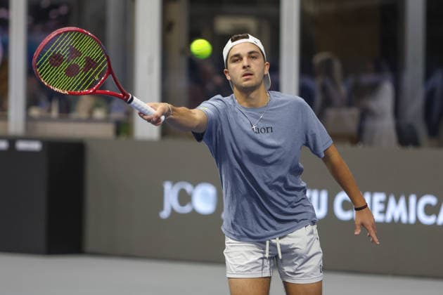 FRISCO, TX - FEBRUARY 11: Trevor Svajda (USA) hits a volley during the Nexo Dallas Open on February 11, 2026 at Ford Center at The Star in Frisco, TX. (Photo by George Walker Icon Sportswire) TENNIS: FEB 11 Dallas Open EDITORIAL USE ONLY Icon26021102