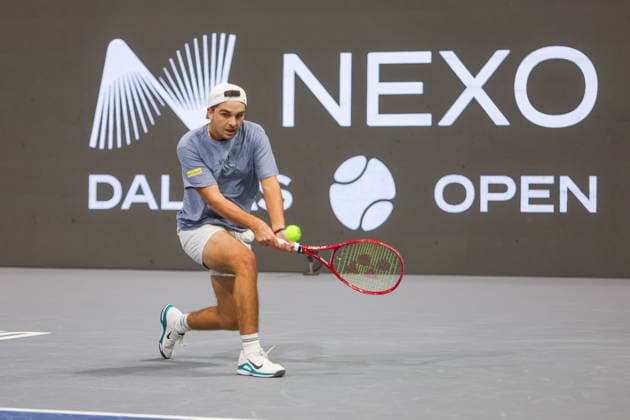 FRISCO, TX - FEBRUARY 11: Trevor Svajda (USA) hits a backhand during the Nexo Dallas Open on February 11, 2026 at Ford Center at The Star in Frisco, TX. (Photo by George Walker Icon Sportswire) TENNIS: FEB 11 Dallas Open EDITORIAL USE ONLY Icon26021108