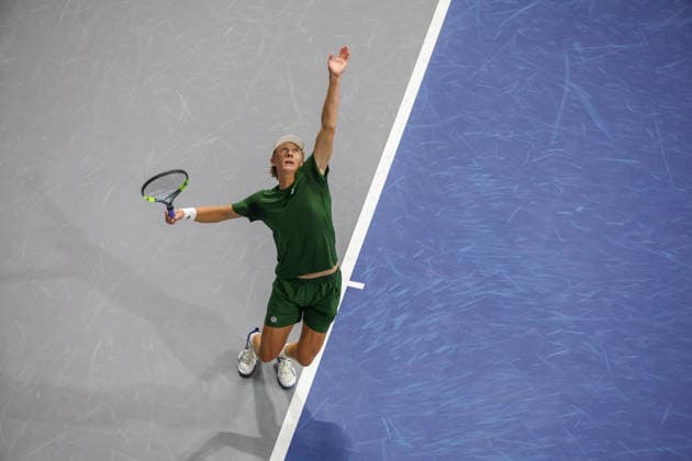 FRISCO, TX - FEBRUARY 11: Ethan Quinn (USA) serves during the Nexo Dallas Open on February 11, 2026 at Ford Center at The Star in Frisco, TX. (Photo by George Walker Icon Sportswire) TENNIS: FEB 11 Dallas Open EDITORIAL USE ONLY Icon26021109