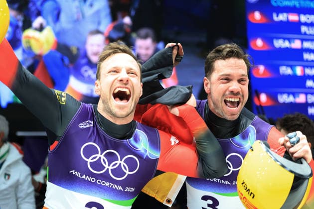 260211 -- CORTINA D AMPEZZO, Feb. 11, 2026 -- Tobias Wendl Tobias Arlt of Germany celebrate after of the luge men s doubles match at the Milan-Cortina 2026 Olympic Winter games, Winterspiele,Spiele, Summer games in Cortina, Italy, Feb. 11, 2026. MICO2026ITALY-CORTINA D AMPEZZO-OLYMPIC WINTER GAMES-LUGE-MEN S DOUBLES DingxXu  (MICO2026)ITALY-CORTINA D AMPEZZO-OLYMPIC WINTER GAMES-LUGE-MEN S DOUBLES IMAGO DingxXu  imago images 0847357014