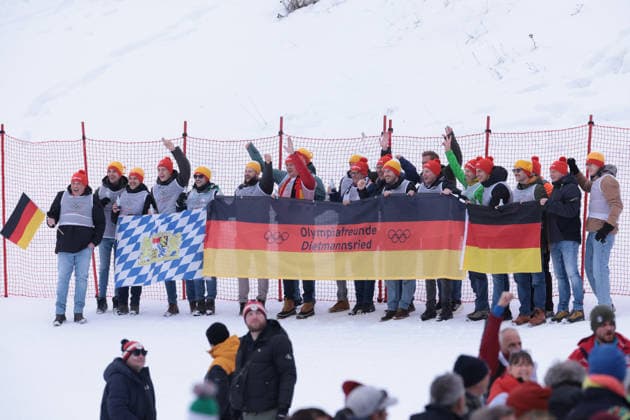 Supporters during the Olympic Winter games, Winterspiele,Spiele, Summer games Milano-Cortina 2026, Alpine Skiing Women s Super-G on February 12, 2026 at Tofane Alpine Skiing Centre in Cortina D Ampezzo  Copyright: xLucianoxMariaxBisi IPAxSportx xipa-agency.netx xx IPA_71360660 IPA_Agency_IPA71360660