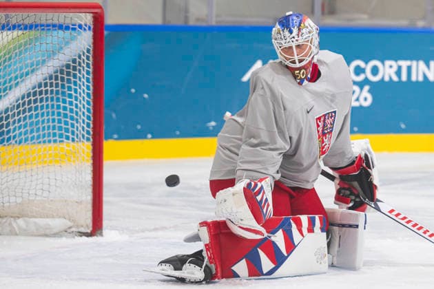 XXV Winter Olympic Games, Olympische Spiele, Olympia, OS in Milan, Italy, on February 12, 2026. Morning skate of the Czech Republic men s national Ice hockey, Eishockey team before match against Canada. From left: On the photo is seen goalkeeper Karel Vejmelka. (CTKxPhoto MichalxKamaryt) CTKPhotoP2026021203611  CTKPhotoP2026021203611