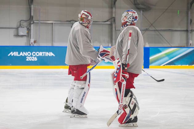 XXV Winter Olympic Games, Olympische Spiele, Olympia, OS in Milan, Italy, on February 12, 2026. Morning skate of the Czech Republic men s national Ice hockey, Eishockey team before match against Canada. Goalkeepers, from left: Daniel Vladar and Karel Vejmelka. (CTKxPhoto MichalxKamaryt) CTKPhotoP2026021203619  CTKPhotoP2026021203619