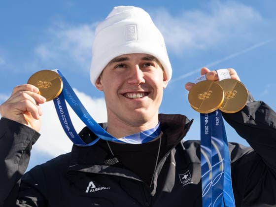 OLYMPICS - Winter Olympic Games, Olympische Spiele, Olympia, OS Milano Cortina 2026 BORMIO,ITALY,12.FEB.26 - OLYMPICS, ALPINE SKIING - Winter Olympic Games Milano Cortina 2026, Franjo von Allmen, medal photo shoot. Image shows Franjo von Allmen (SUI). Keywords: medal.  GEPAxpictures xWolfgangxGrebien