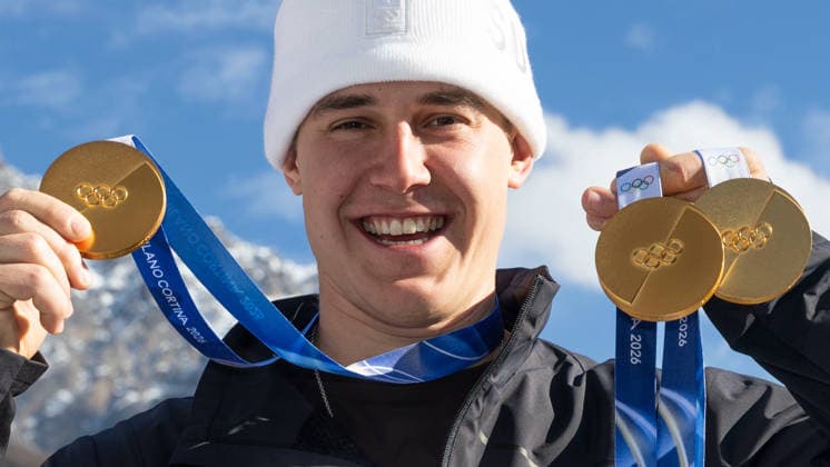 OLYMPICS - Winter Olympic Games, Olympische Spiele, Olympia, OS Milano Cortina 2026 BORMIO,ITALY,12.FEB.26 - OLYMPICS, ALPINE SKIING - Winter Olympic Games Milano Cortina 2026, Franjo von Allmen, medal photo shoot. Image shows Franjo von Allmen (SUI). Keywords: medal.  GEPAxpictures xWolfgangxGrebien