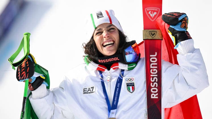 OLYMPICS - Winter Olympic Games, Olympische Spiele, Olympia, OS Milano Cortina 2026 CORTINA D AMPEZZO,ITALY,12.FEB.26 - OLYMPICS, ALPINE SKIING - Winter Olympic Games Milano Cortina 2026, Super G, women, medal ceremony. Image shows the rejoicing of Federica Brignone (ITA). Keywords: medal.  GEPAxpictures xAlexanderxSolc
