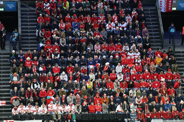 February 12, 2026, Milan, Lombardy, Italy: SWISS FANS in the Men s Preliminary Round Group A game between Team Switzerland (SUI) and Team France (FRA) at the Milano Cortina 2026 Winter Olympic Games, Olympische Spiele, Olympia, OS Milan Italy - ZUMAc179 20260212_oly_c179_021 Copyright: xMickaelxChavetx