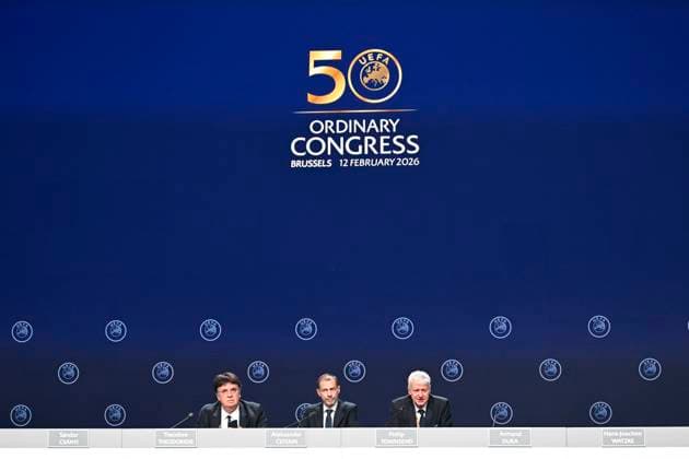 50th UEFA Congress & 2026 2027 UEFA Nations League - League phase draw BRUSSELS, BELGIUM - FEBRUARY 12 : Aleksander Ceferin, President of UEFA talking to the press during a press conference, PK, Pressekonferenz during 50th Ordinary UEFA Congress & 2026 2027 UEFA Nations League - League phase draw in Brussels Expo on February 12, 2026 in Brussels, Belgium, 12 02 2026 Brussels Belgium  Copyright: xNicoxVereeckenx