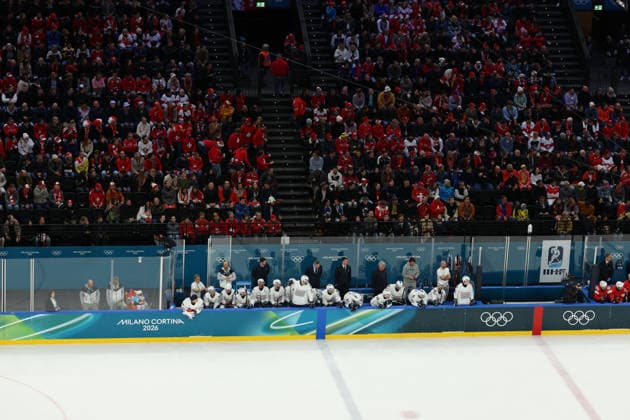 February 12, 2026, Milan, Lombardy, Italy: TEAM FRANCE PLAYERS react in the Men s Preliminary Round Group A game between Team Switzerland (SUI) and Team France (FRA) at the Milano Cortina 2026 Winter Olympic Games, Olympische Spiele, Olympia, OS Milan Italy - ZUMAc179 20260212_oly_c179_039 Copyright: xMickaelxChavetx