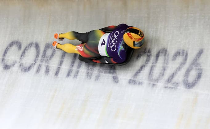 (260212) -- CORTINA D AMPEZZO, Feb. 12, 2026 -- Axel Jungk of Germany competes during the skeleton men heat at the 2026 Milan-Cortina Winter Olympics in Cortina D Ampezzo, Italy, Feb. 12, 2026. ) (MICO2026)ITALY-CORTINA D AMPEZZO-OLYMPIC Winter games, Winterspiele,Spiele, Summer games SKELETON MEN-HEAT DingxXu 