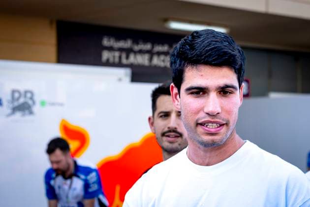 Tennis player Carlos Alcaraz during the Formula 1 pre-season testing Bahrain day 2 at the Bahrain International Circuit for the Pre-season testing 1 2026 season 2026 in SAKHIR, Bahrain on 13 february 2026, (Photo by DeFodi Images) -