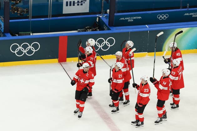 February 12, 2026, Milan, Lombardy, Italy: SWISS PLAYERS celebrate winning 4:0 against France in the Men s Preliminary Round Group A game between Team Switzerland (SUI) and Team France (FRA) at the Milano Cortina 2026 Winter Olympic Games, Olympische Spiele, Olympia, OS Milan Italy - ZUMAc179 20260212_oly_c179_043 Copyright: xMickaelxChavetx