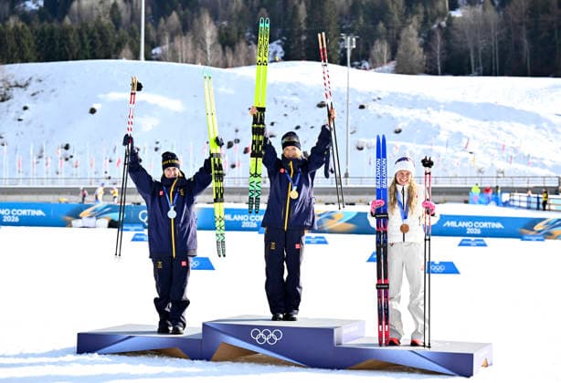 VAL DI FIEMME, ITALY 20260212 From left Ebba Andersson, silver, Frida Karlsson, gold and Jessie Diggins, USA, bronze in the women s 10 km freestyle during the Winter Olympics in Val di Fiemme, Italy. *** The image is included in the SPORTS PACKAGE. For others PAYMENT IMAGE *** VAL DI FIEMME ITALY x10430x *** VAL DI FIEMME, ITALY 20260212 From left Ebba Andersson, silver, Frida Karlsson, gold and Jessie Diggins, USA, bronze in the women s 10 km freestyle during the Winter Olympics in Val di Fiemme, Italy The image is included in the SPORTS PACKAGE For others PAYMENT IMAGE VAL DI FIEMME ITALY x10430x  Copyright: xChristinexOlsson TTx 2026 OLYMPICS SKIING 10 KM FREESTYLE WOMEN
