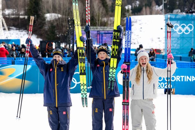 OLYMPICS - Winter Olympic Games, Olympische Spiele, Olympia, OS Milano Cortina 2026 TESERO,ITALY,12.FEB.26 - OLYMPICS, NORDIC SKIING, CROSS COUNTRY SKIING - Winter Olympic Games Milano Cortina 2026, 10km women, interval start free. Image shows Ebba Andersson, Frida Karlsson (SWE) and Jessie Diggins (USA).  GEPAxpictures xMatthiasxTrinkl