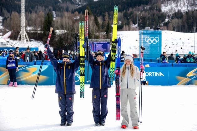 OLYMPICS - Winter Olympic Games, Olympische Spiele, Olympia, OS Milano Cortina 2026 TESERO,ITALY,12.FEB.26 - OLYMPICS, NORDIC SKIING, CROSS COUNTRY SKIING - Winter Olympic Games Milano Cortina 2026, 10km women, interval start free. Image shows Ebba Andersson, Frida Karlsson (SWE) and Jessie Diggins (USA).  GEPAxpictures xMatthiasxTrinkl