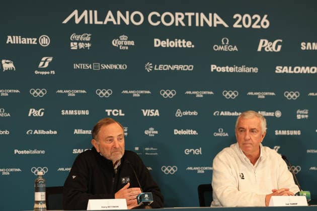February 12, 2026, Milan, Lombardy, Italy: GARY BETTMAN and LUC TARDIF during the press conference, PK, Pressekonferenz on Day 1 of the Men Hockey Tournament at the Milano Cortina 2026 Winter Olympic Games, Olympische Spiele, Olympia, OS Olympics 2026: Milano Cortina: Ice hockey, Eishockey Men: Press Conference  - ZUMAc179 20260212_oly_c179_080 Copyright: xMickaelxChavetx