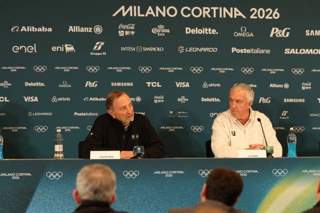 February 12, 2026, Milan, Lombardy, Italy: GARY BETTMAN and LUC TARDIF during the press conference, PK, Pressekonferenz on Day 1 of the Men Hockey Tournament at the Milano Cortina 2026 Winter Olympic Games, Olympische Spiele, Olympia, OS Olympics 2026: Milano Cortina: Ice hockey, Eishockey Men: Press Conference  - ZUMAc179 20260212_oly_c179_081 Copyright: xMickaelxChavetx