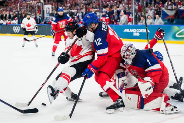 260212 Mitch Marner of Canada against Radek Faksa and goaltender Lukas Dostal of Czech Replublic in the men s Ice hockey, Eishockey game between Czech Republic and Canada during day 6 of the 2026 Winter Olympics on February 12, 2026 in Milan. Photo: Carl Sandin BILDBYRAN kod CS CS0874 ishockey ice hockey Olympic Games, Olympische Spiele, Olympia, OS olympics winter olympics os ol olympiska spel vinter-os olympiske leker milano cortina 2026 milan cortina 2026 milano cortina 2026 olympic games milano cortina 2026 winter olympic games milano cortina-os milano cortina-ol vinter-ol 6 bbeng tjeckien czech republic kanada canada *** 260212 Mitch Marner of Canada against Radek Faksa and goaltender Lukas Dostal of Czech Republic in the men s ice hockey game between Czech Republic and Canada during day 6 of the 2026 Winter Olympics on February 12, 2026 in Milan Photo Carl Sandin BILDBYRAN kod CS CS0874 ishockey ice hockey olympic games olympics winter olympics os ol olympiska spel vinter os olympiske leker milano cortina 2026 milan cortina 2026 milano cortina 2026 olympic games milano cortina 2026 winter olympic games milano cortina os milano cortina ol vinter ol 6 bbeng tjeckien czech republic kanada canada  Copyright: CARLxSANDIN BB260212CS103