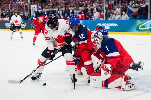 260212 Mitch Marner of Canada against Radek Faksa and goaltender Lukas Dostal of Czech Replublic in the men s Ice hockey, Eishockey game between Czech Republic and Canada during day 6 of the 2026 Winter Olympics on February 12, 2026 in Milan. Photo: Carl Sandin BILDBYRAN kod CS CS0874 ishockey ice hockey Olympic Games, Olympische Spiele, Olympia, OS olympics winter olympics os ol olympiska spel vinter-os olympiske leker milano cortina 2026 milan cortina 2026 milano cortina 2026 olympic games milano cortina 2026 winter olympic games milano cortina-os milano cortina-ol vinter-ol 6 bbeng tjeckien czech republic kanada canada *** 260212 Mitch Marner of Canada against Radek Faksa and goaltender Lukas Dostal of Czech Republic in the men s ice hockey game between Czech Republic and Canada during day 6 of the 2026 Winter Olympics on February 12, 2026 in Milan Photo Carl Sandin BILDBYRAN kod CS CS0874 ishockey ice hockey olympic games olympics winter olympics os ol olympiska spel vinter os olympiske leker milano cortina 2026 milan cortina 2026 milano cortina 2026 olympic games milano cortina 2026 winter olympic games milano cortina os milano cortina ol vinter ol 6 bbeng tjeckien czech republic kanada canada  Copyright: CARLxSANDIN BB260212CS105