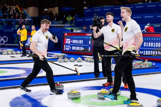 CORTINA, ITALY - FEBRUARY 12: Johannes Scheuerl (Germany), Benjamin Kapp (Germany), Felix Messenzehl (Germany) cheer during the Curling Men Norway vs Germany - Round Robin Session 2 at the Milano Cortina 2026 Olympics at Cortina Curling Olympic Stadium on day 6 of the Milano Cortina 2026 Olympics on February 12, 2026 in Cortina, Italy. Editorial use only. Italy Copyright: xSteffiexWunderlx