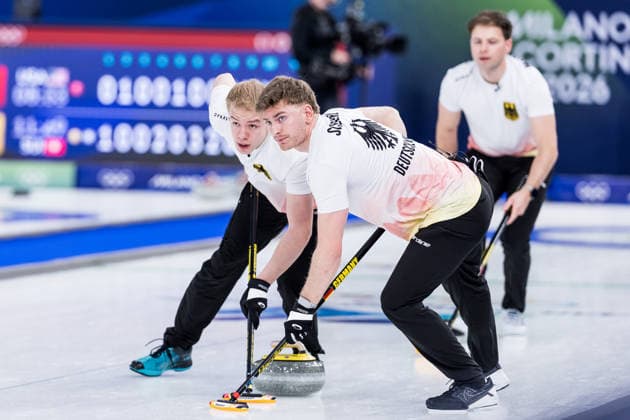 CORTINA, ITALY - FEBRUARY 12: Felix Messenzehl (Germany), Johannes Scheuerl (Germany) during the Curling Men Norway vs Germany - Round Robin Session 2 at the Milano Cortina 2026 Olympics at Cortina Curling Olympic Stadium on day 6 of the Milano Cortina 2026 Olympics on February 12, 2026 in Cortina, Italy. Editorial use only. Italy Copyright: xSteffiexWunderlx